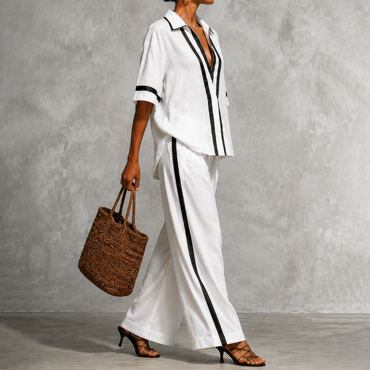 Elegance Two-piece Set Of Color-blocked Short-sleeved Shirt And Wide-leg Pants