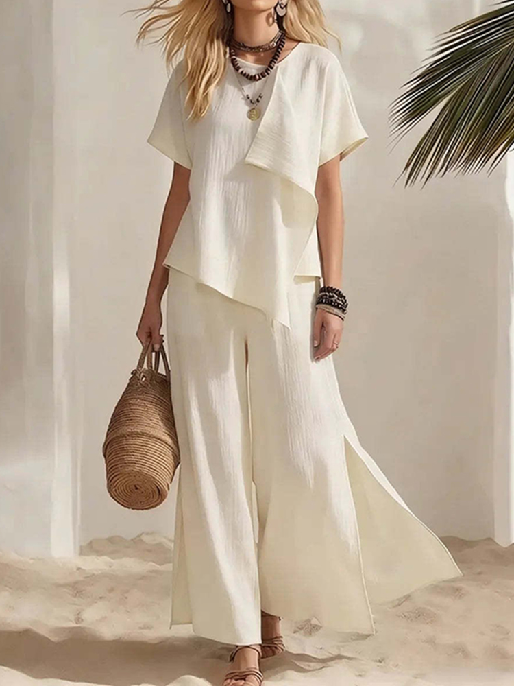 Casual Irregular Tops With Slits And Wide-leg Pantstwo-piece Set