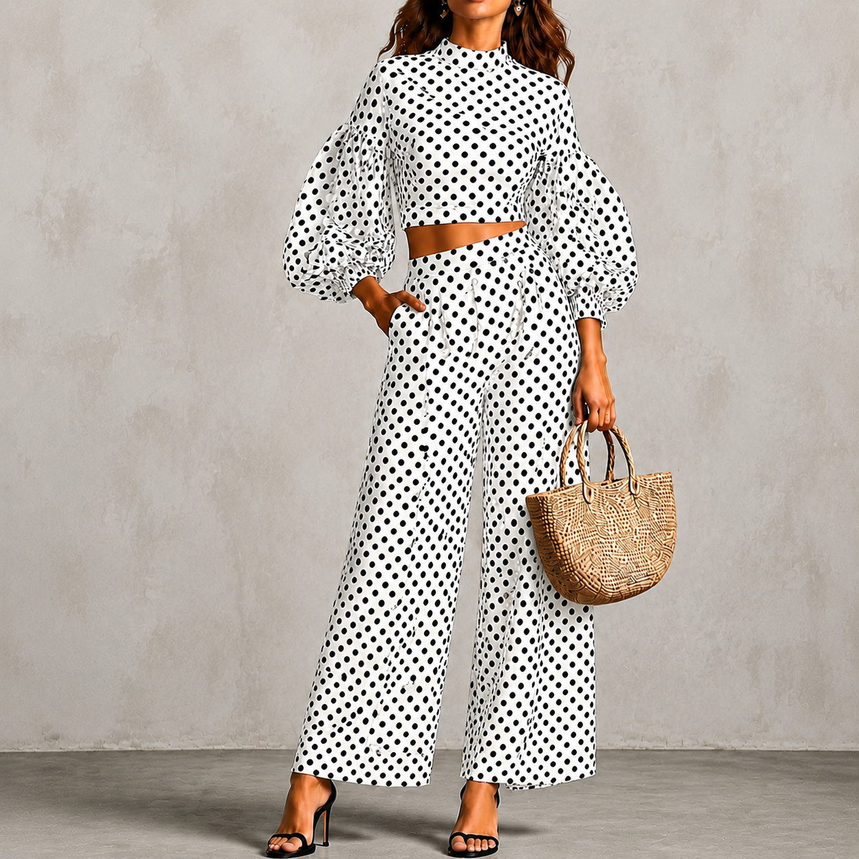 Polka Dot Lantern Sleeve Top And Wide-leg Pants Two-piece Set