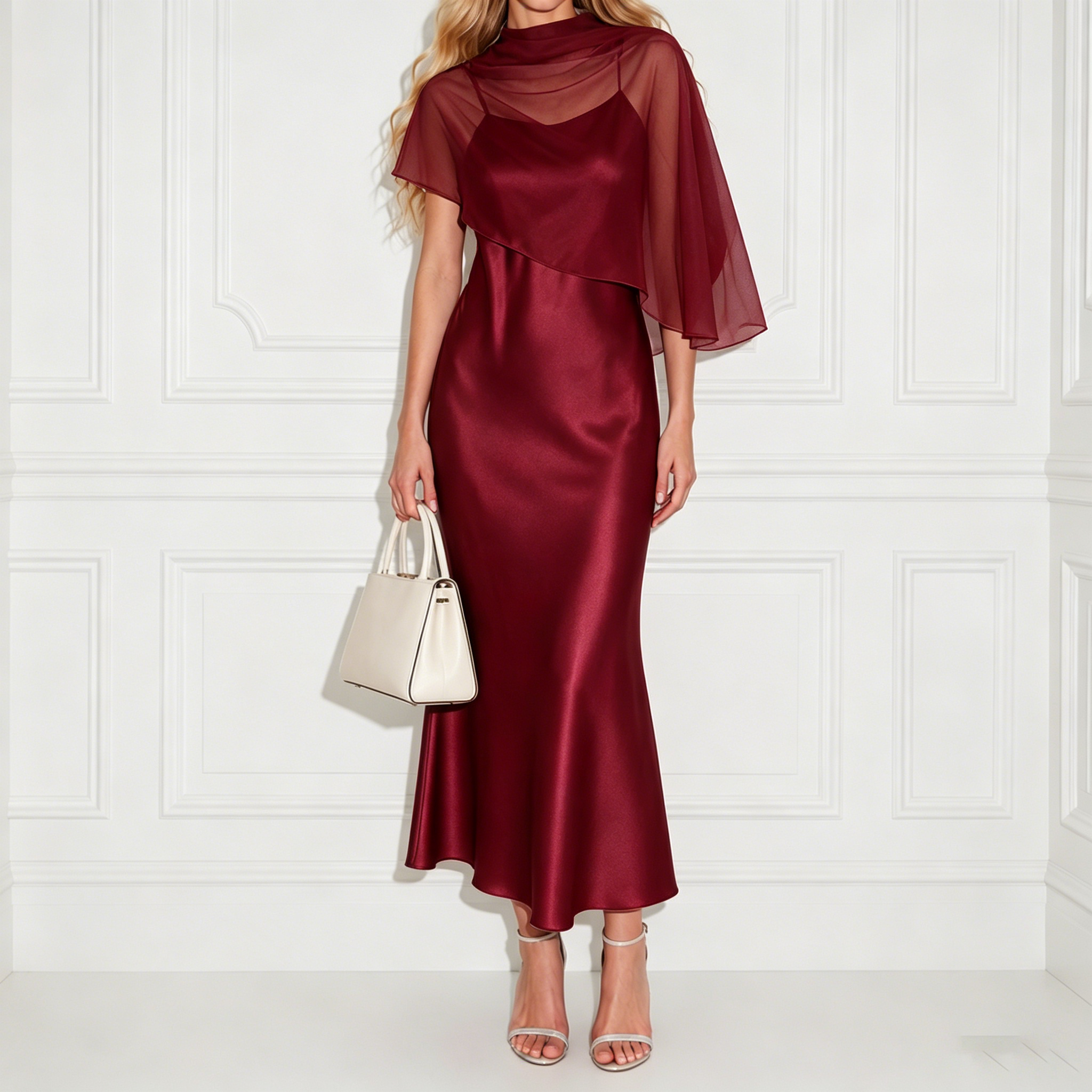 Elegant  Cape-style Chiffon Shawl Midi Dress