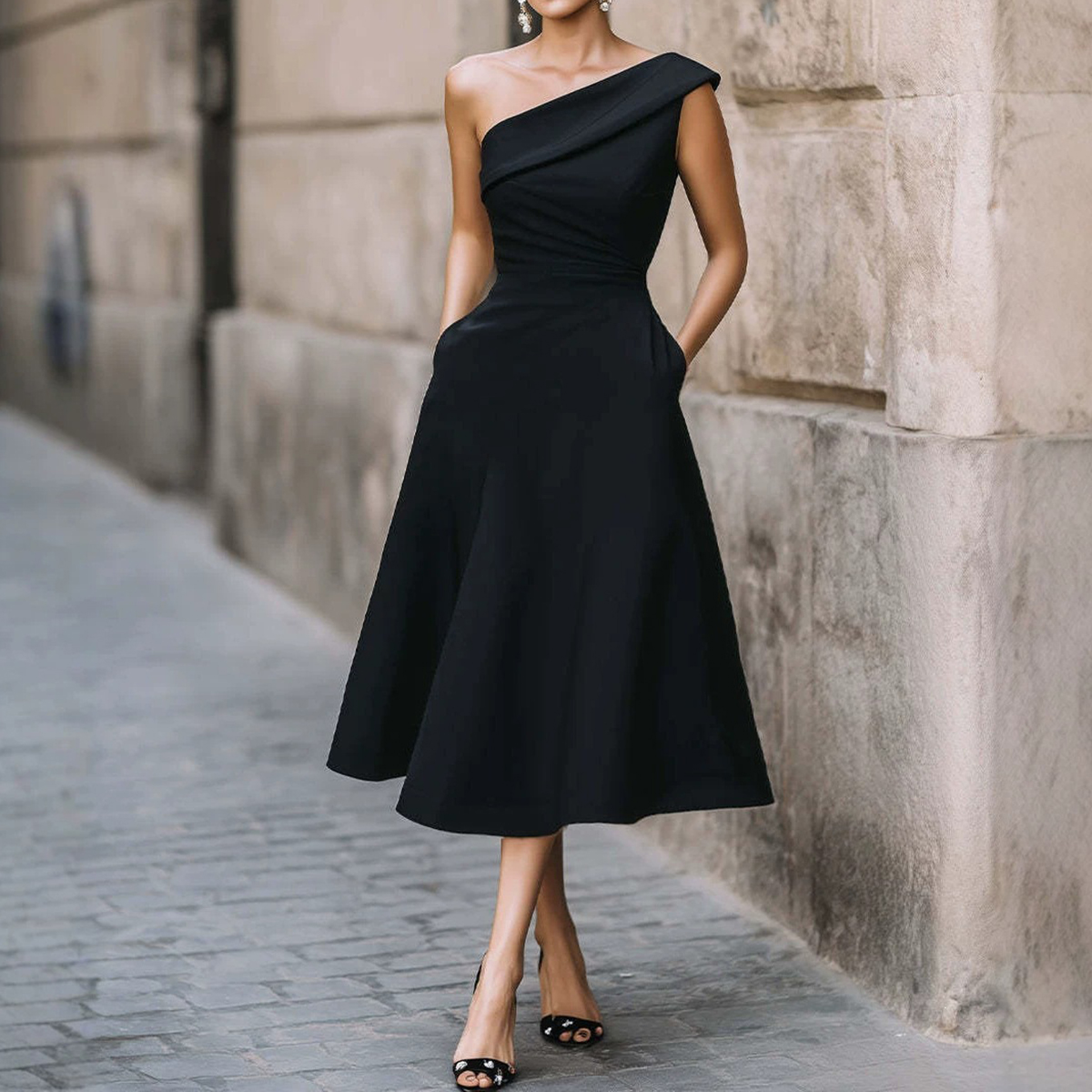 Elegant Solid Color One Shoulder A-line Midi Dress