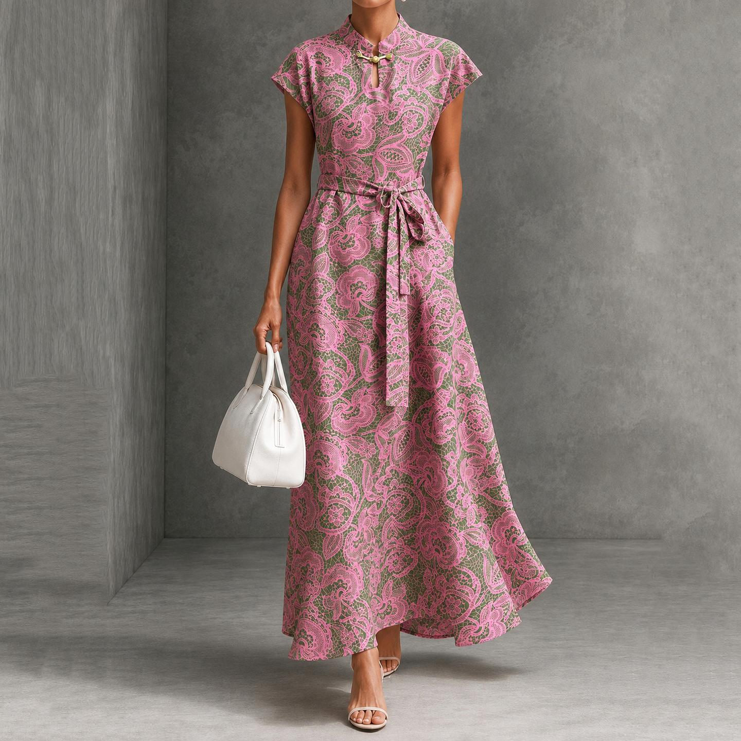 Stand Collar Disc Button Satin Dress