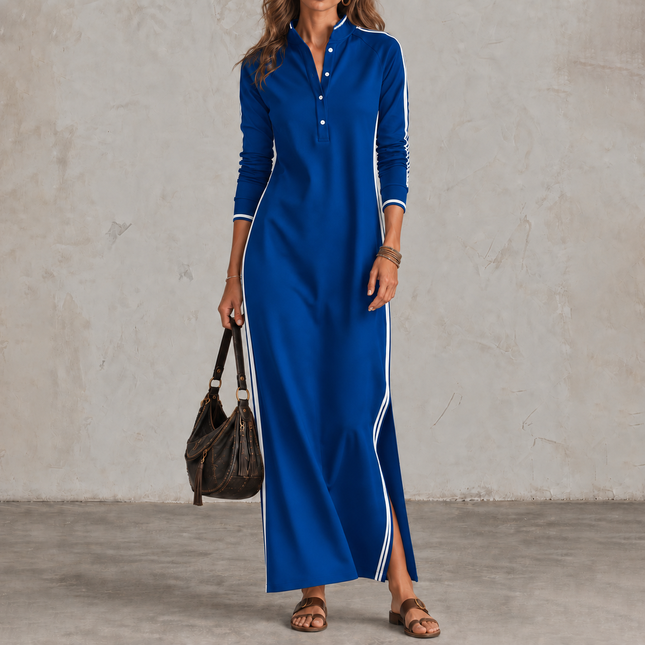 Elegant Minimalist Button-collar Long-sleeve Maxi Dress