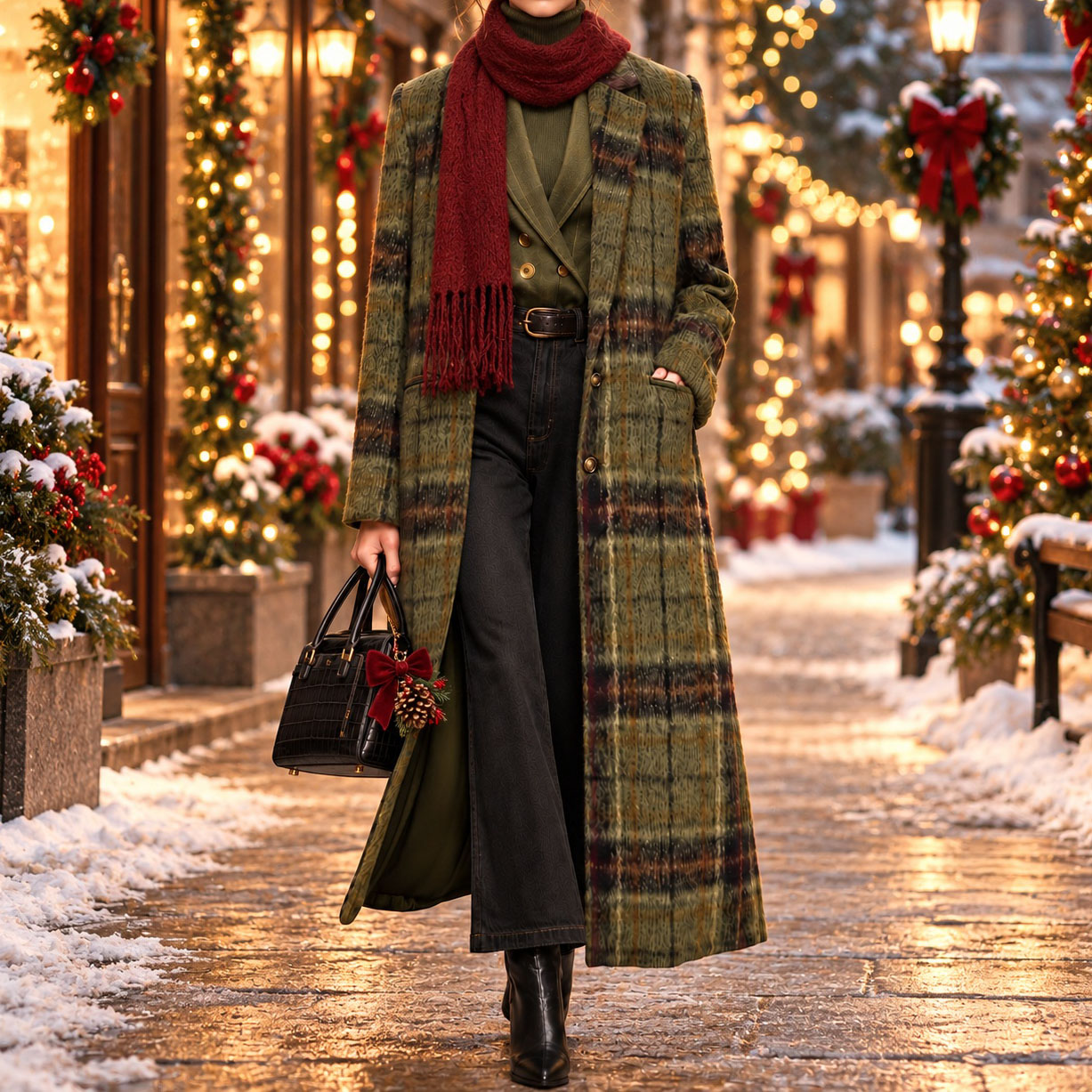 Elegant Long Plaid Wool Coat