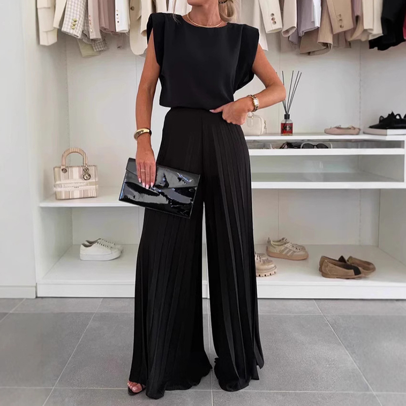 Elegant Round Neck Sleeveless Top And Pleated Wide-leg Pants Two Piece Set