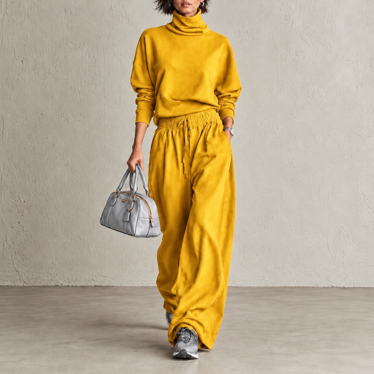 Elegance Mock-neck Sweatshirt And Loose Straight-leg Trousers Set