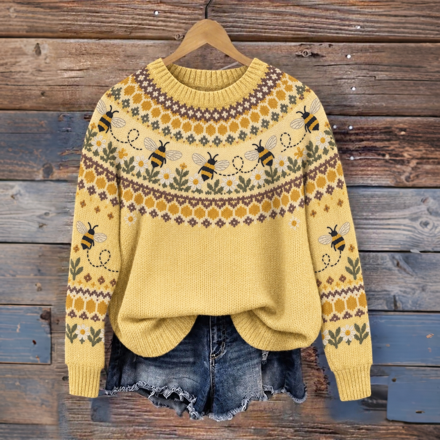 Women's Retro Cute Bee Ethnic Pattern Cozy Fair Isle Style Knit Sweater