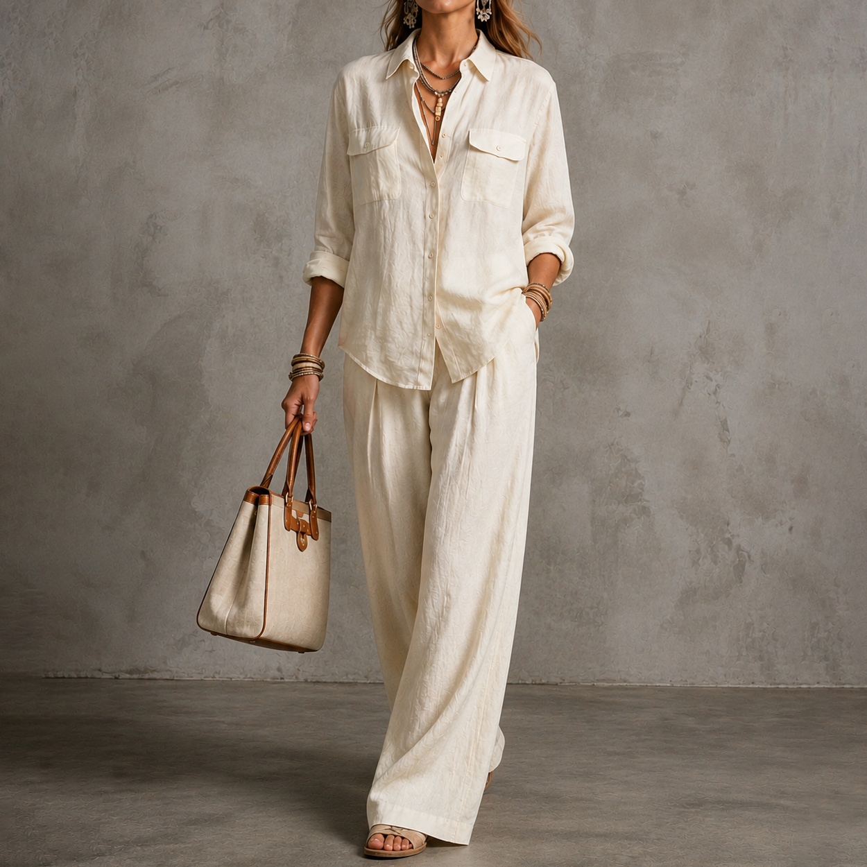 Elegance Long-sleeved Shirt + Wide-leg Pants Two-piece Set