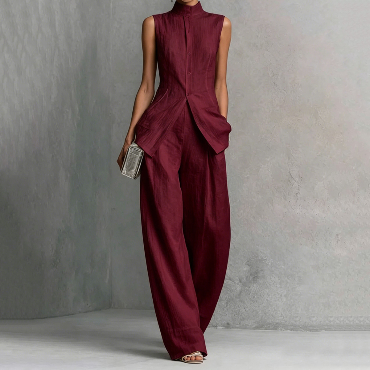 Fashion Elegant Solid Color Sleeveless Cotton Linen Shirt And Trousers Set
