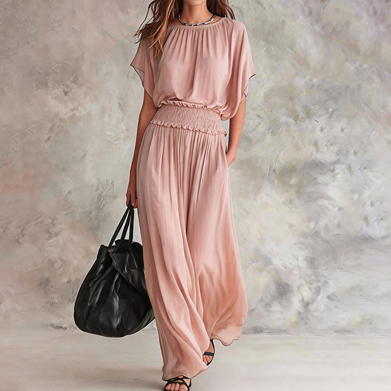 Elegant Solid Color Round Neck Short Sleeve Flowy Maxi Dress