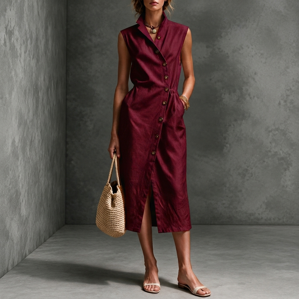 Vacation Sleeveless Lapel Asymmetric Button Midi Dress