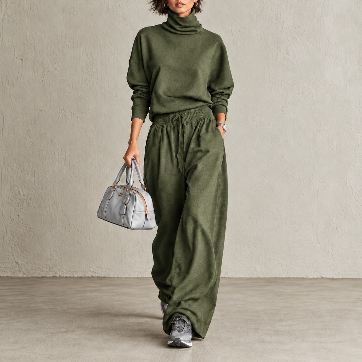 Elegance Mock-neck Sweatshirt And Loose Straight-leg Trousers Set
