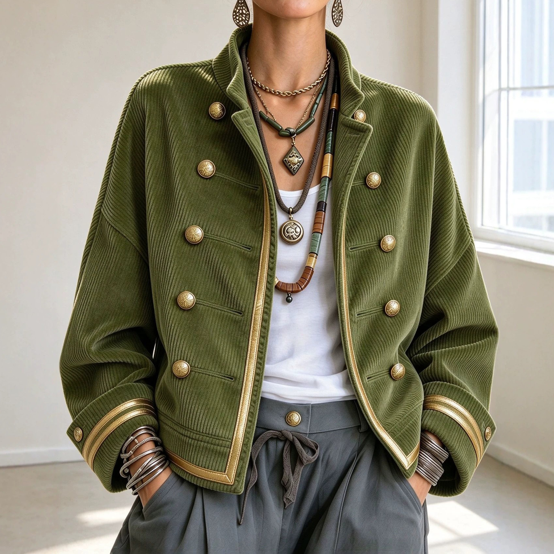 Women's Fall Winter Cozy Napoleonic Stand-up Collar Gold Trim Double-breasted Button Corduroy Jacket