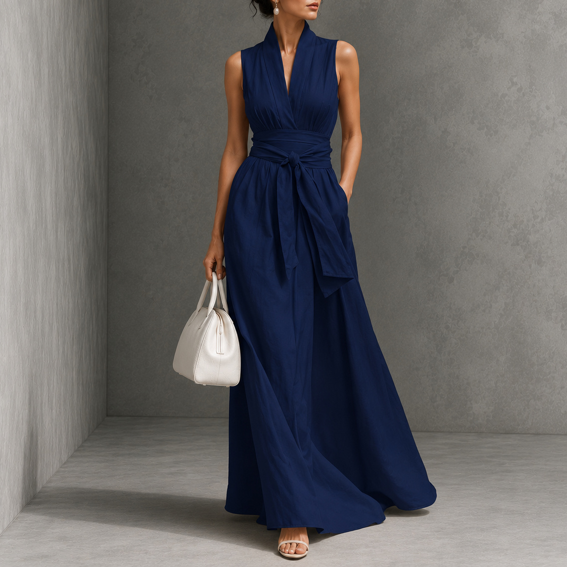 Elegant Solid Color V-neck Sleeveless Off-shoulder Fitted Waist Tie Maxi Dress