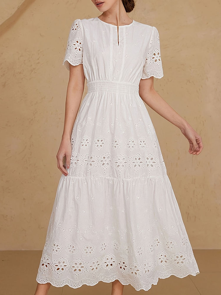 Elegant Spring And Summer Vacation Hollow Embroidered Dress