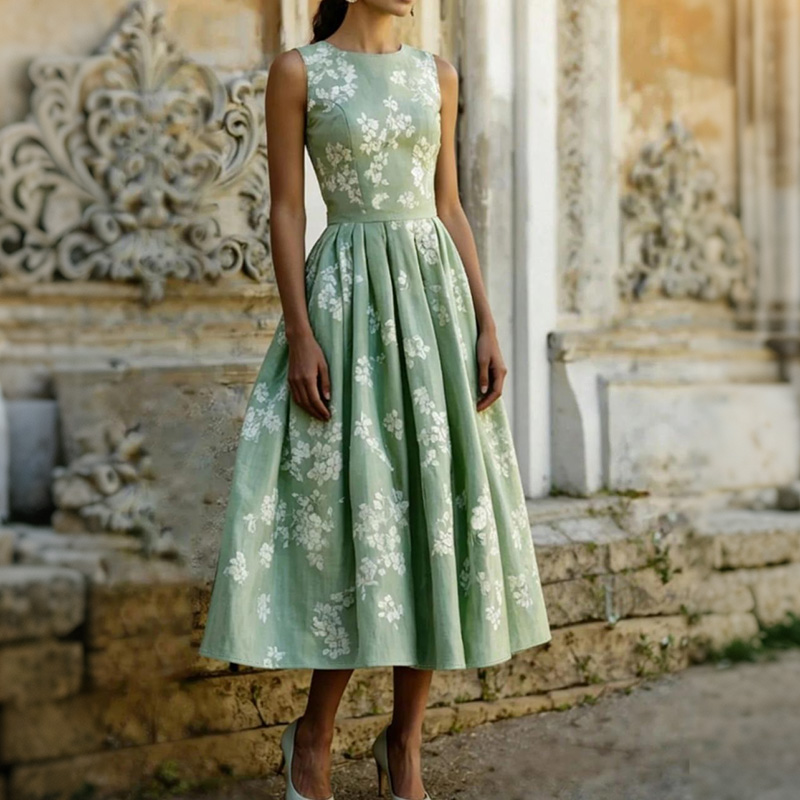 French Elegant Sleeveless Floral A-line Dress