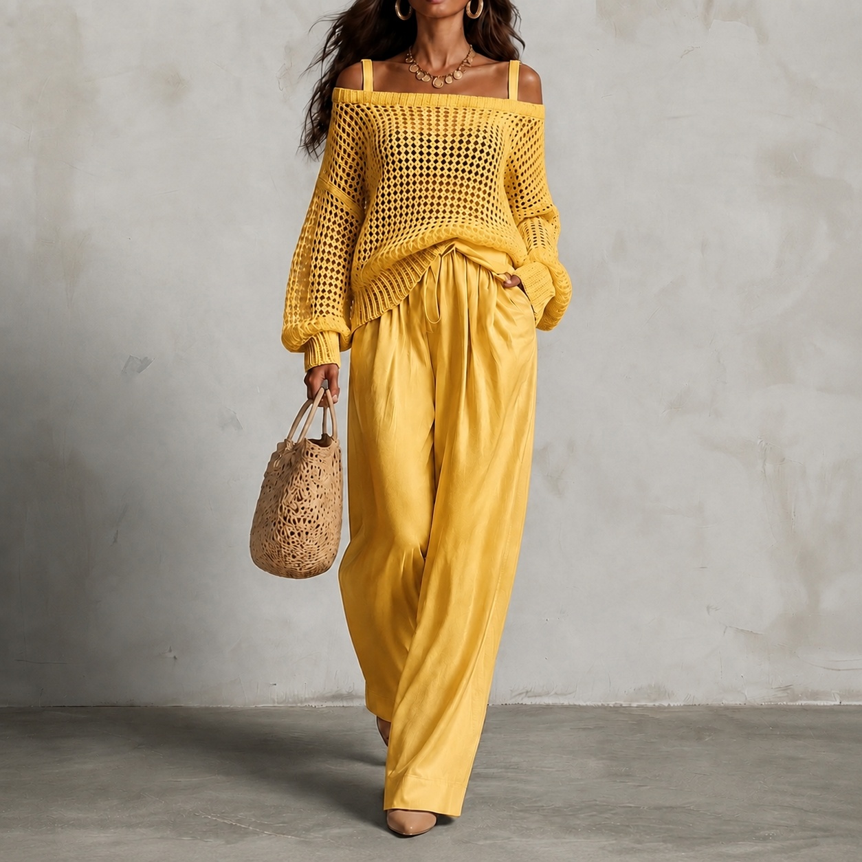 Elegance Two-piece Set: Openwork Knit Top And Wide-leg Pants
