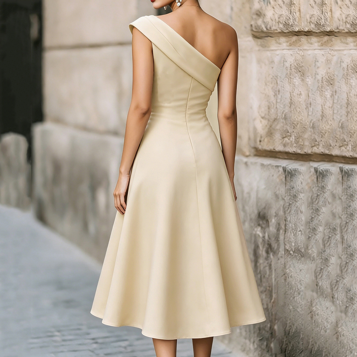 Elegant Solid Color One Shoulder A-line Midi Dress