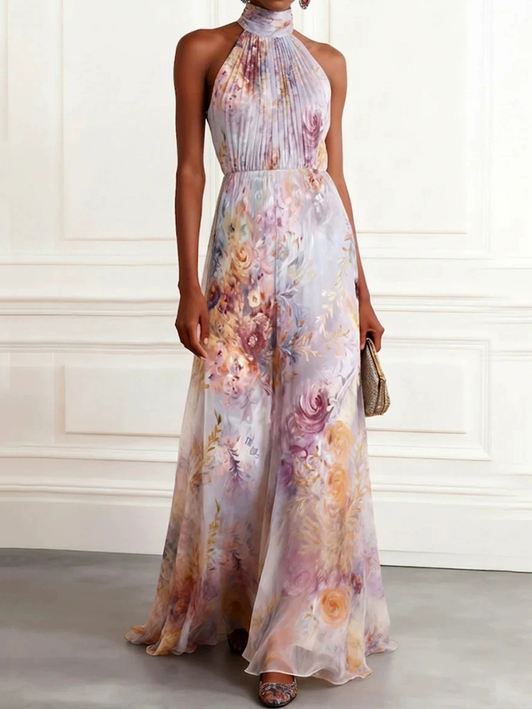 Elegant Halterneck Printed Sleeveless Dress