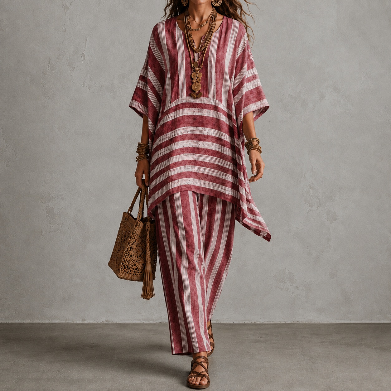 V-neck Loose Striped Top And Loose Wide-leg Pants Two-piece Set
