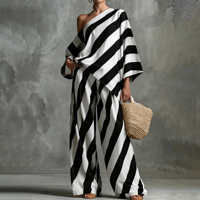 Stylish Retro Striped Printed Top And Wide-leg Pants Set