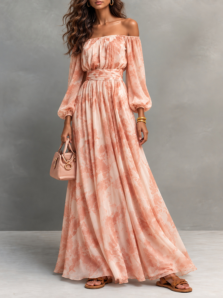 Elegant Off-the-shoulder Long-sleeve Printed Chiffon Top Maxi Dress