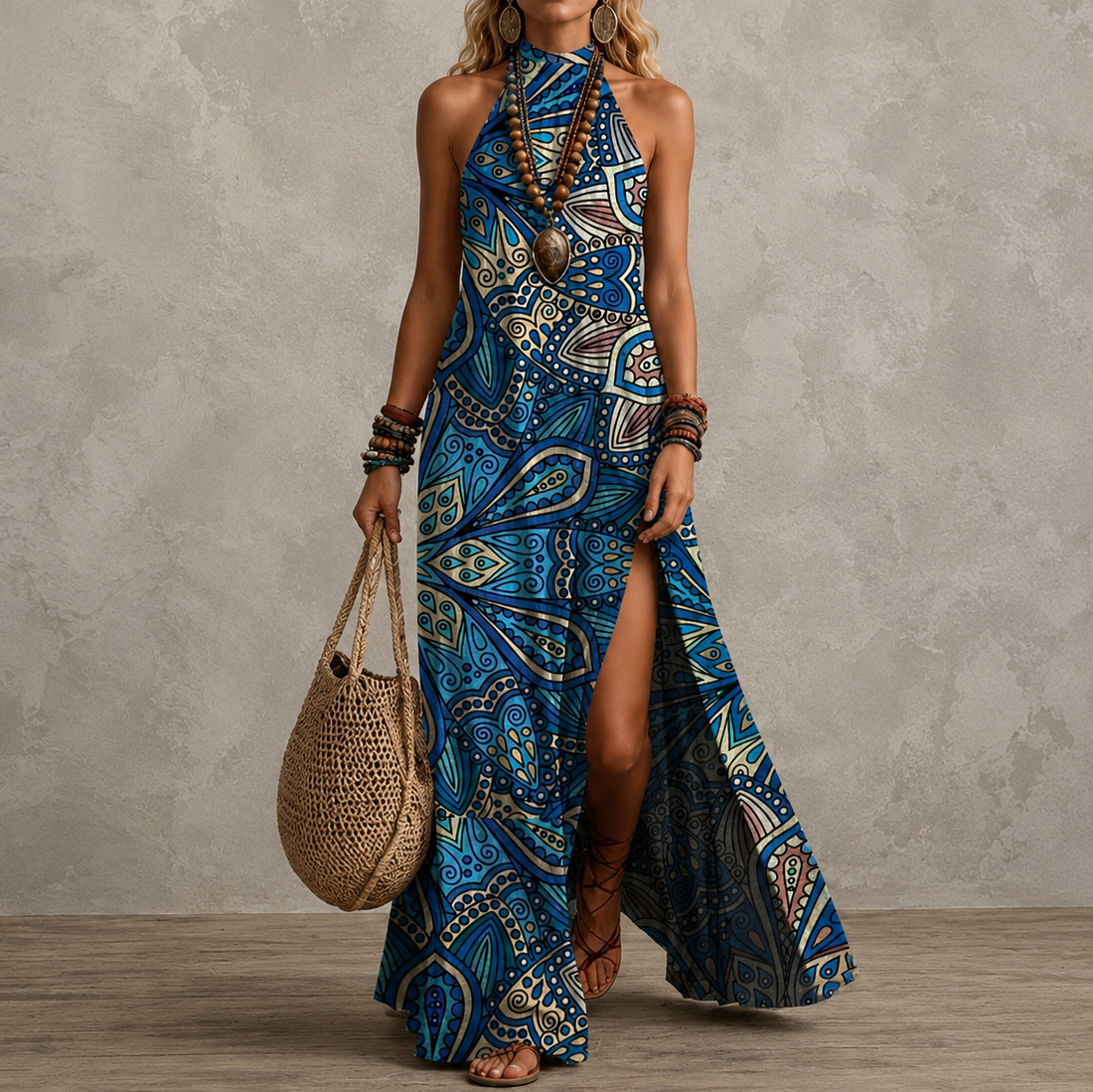 Retro  Printed Sleeveless Design With Slit Hem Maxi Dress
