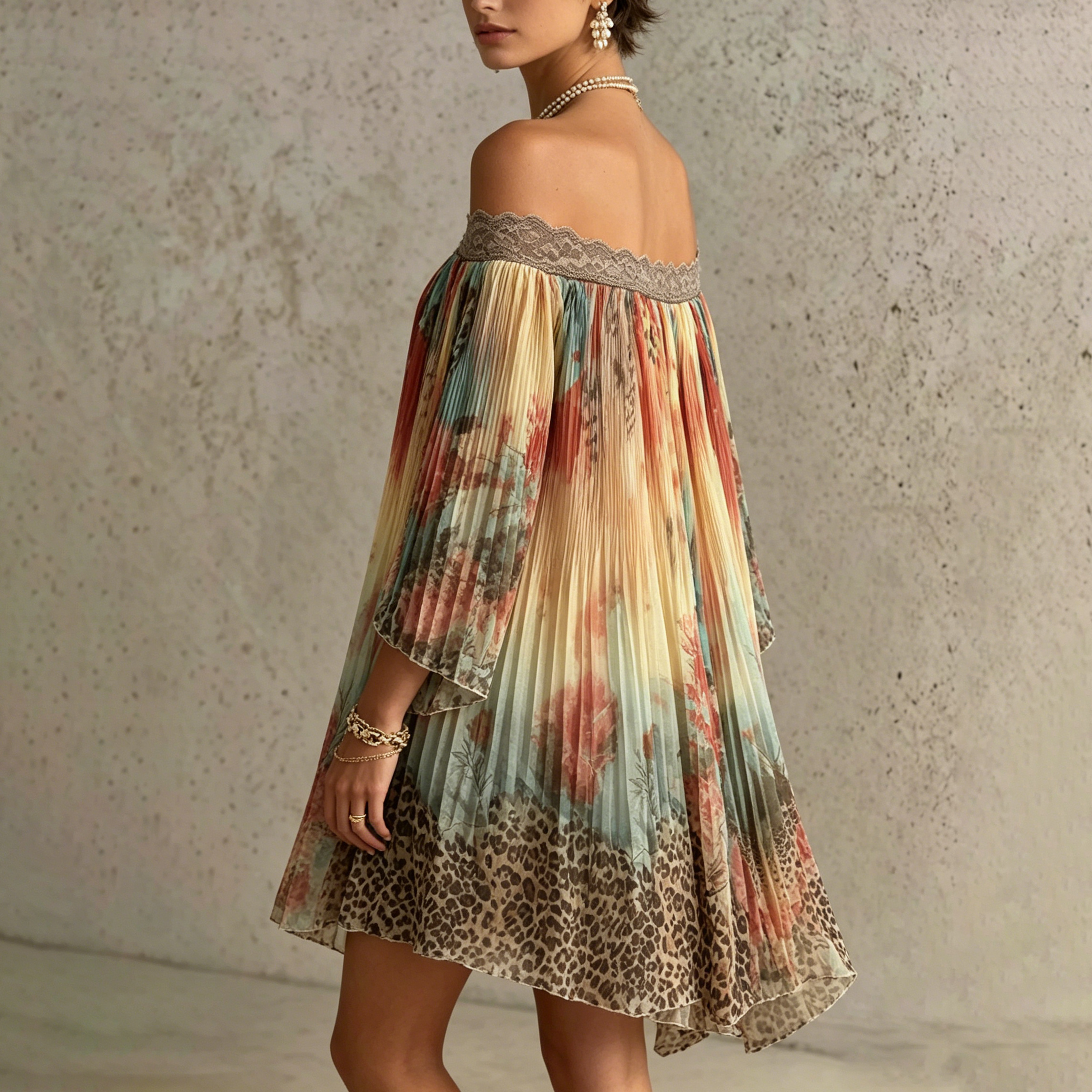 Retro Floral Bell Sleeve Print Ruffle Off-the-shoulder Lace Mini Dress