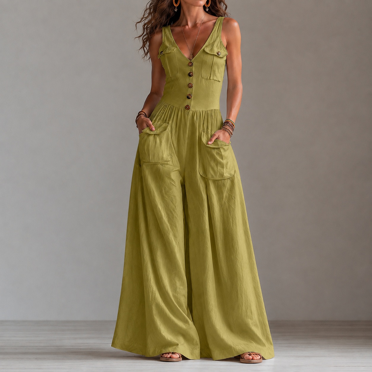 Retro V-neck Button-down Vest Jumpsuit