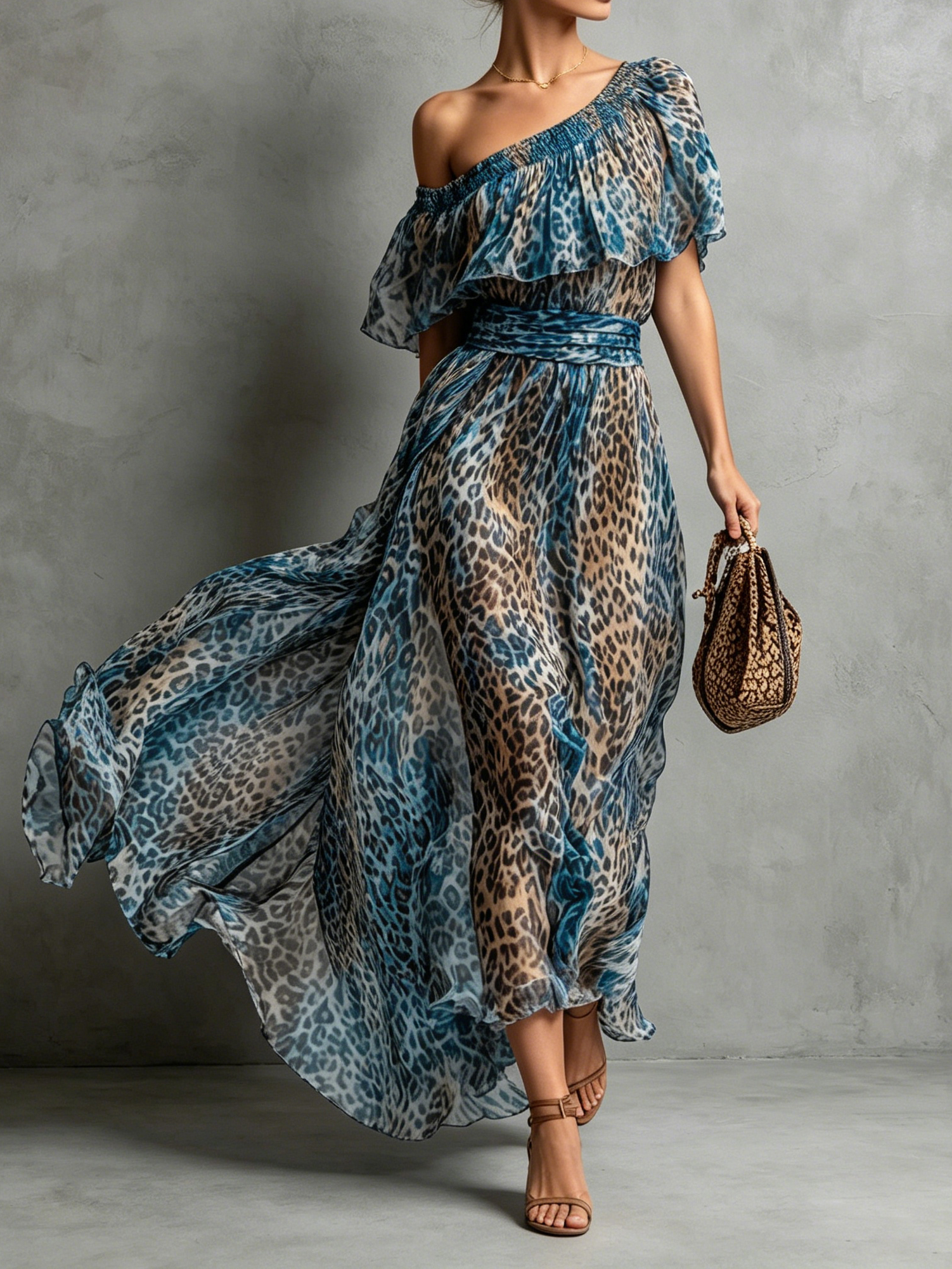 Retro Leopard Print Chiffon Off-shoulder Ruffle Waist Maxi Dress