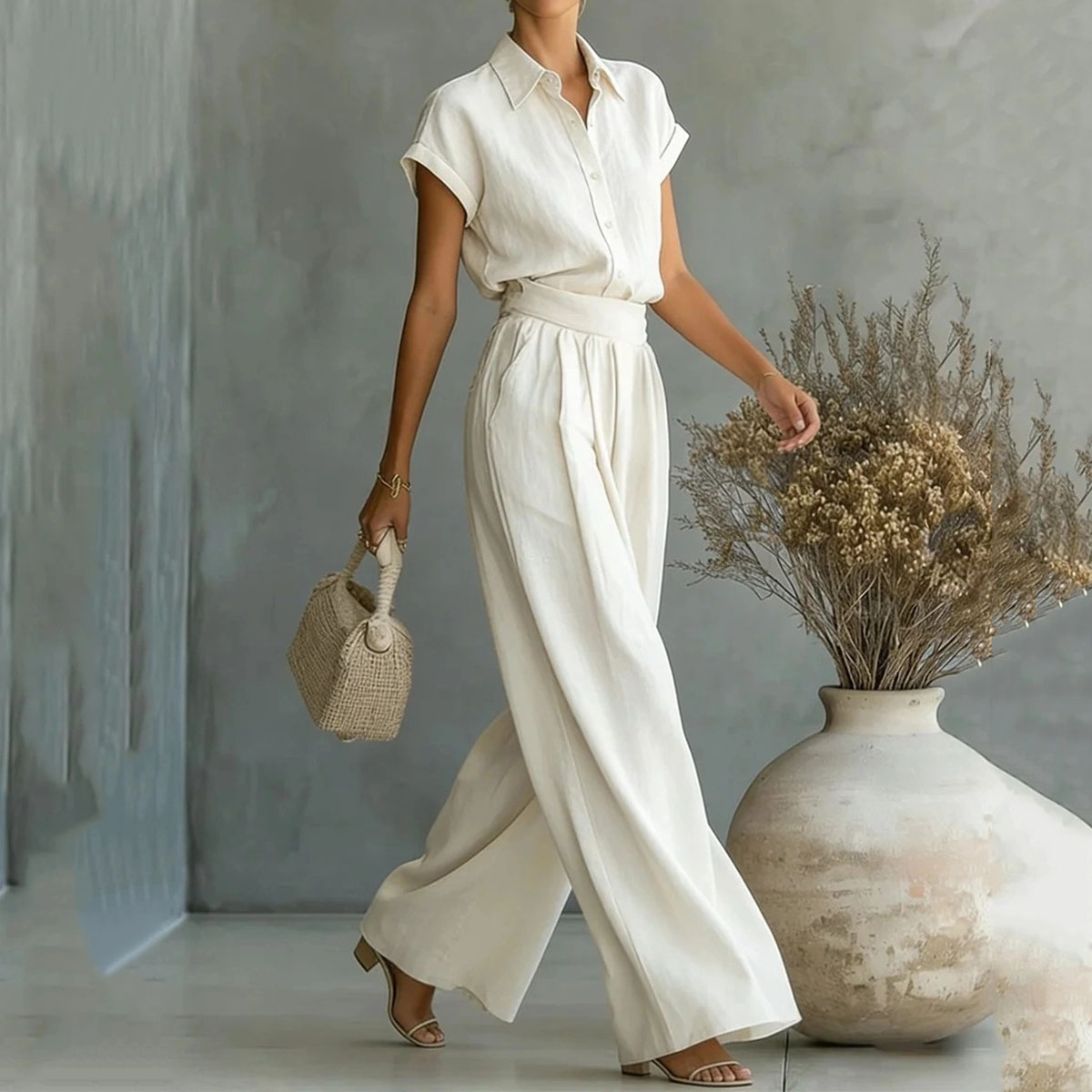 Fashion Casual Solid Color Shirt Wide-leg Pants Two-piece Set