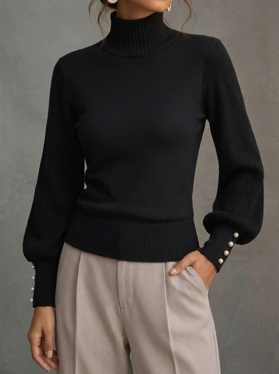 Elegant Solid Color Turtleneck Beaded Sweater