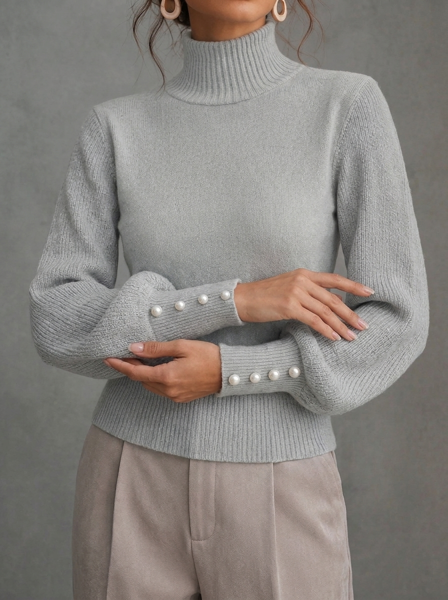 Elegant Solid Color Turtleneck Beaded Sweater