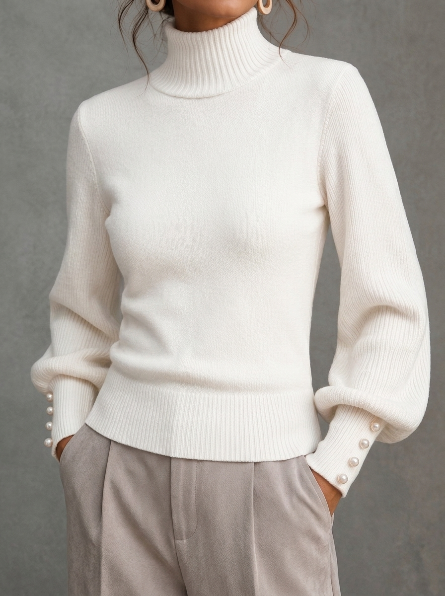 Elegant Solid Color Turtleneck Beaded Sweater