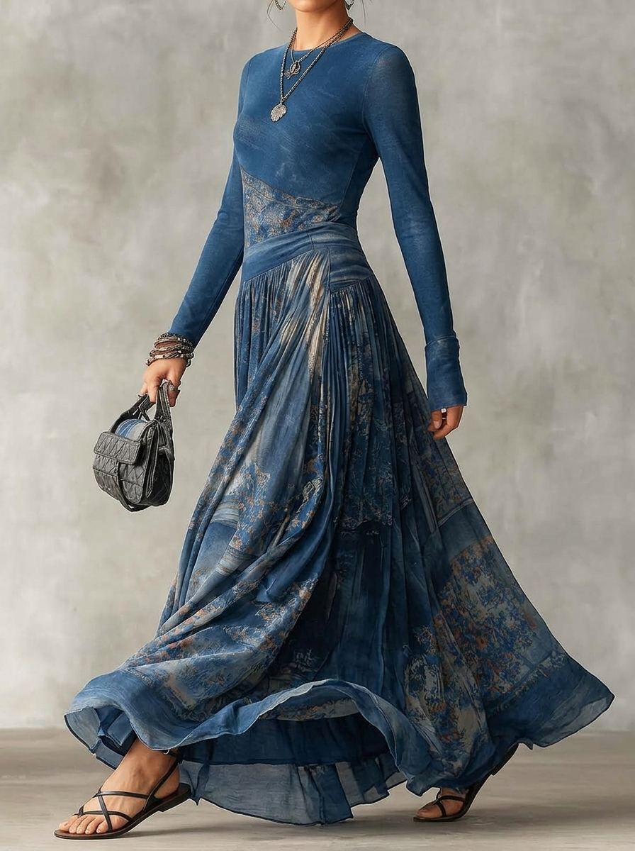 Elegant Retro Printed Long Sleeves Maxi Dress