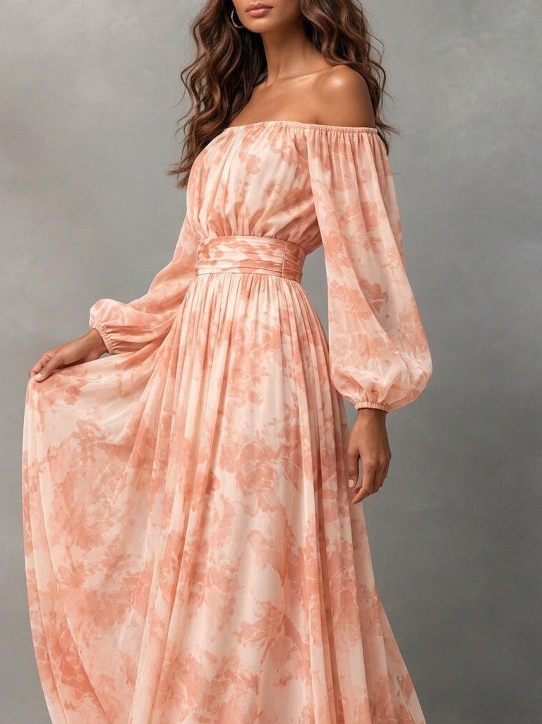 Elegant Off-the-shoulder Long-sleeve Printed Chiffon Top Maxi Dress