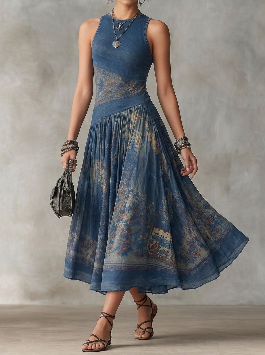 Elegant Retro Printed Sleeveless Tank Top Midi Dress