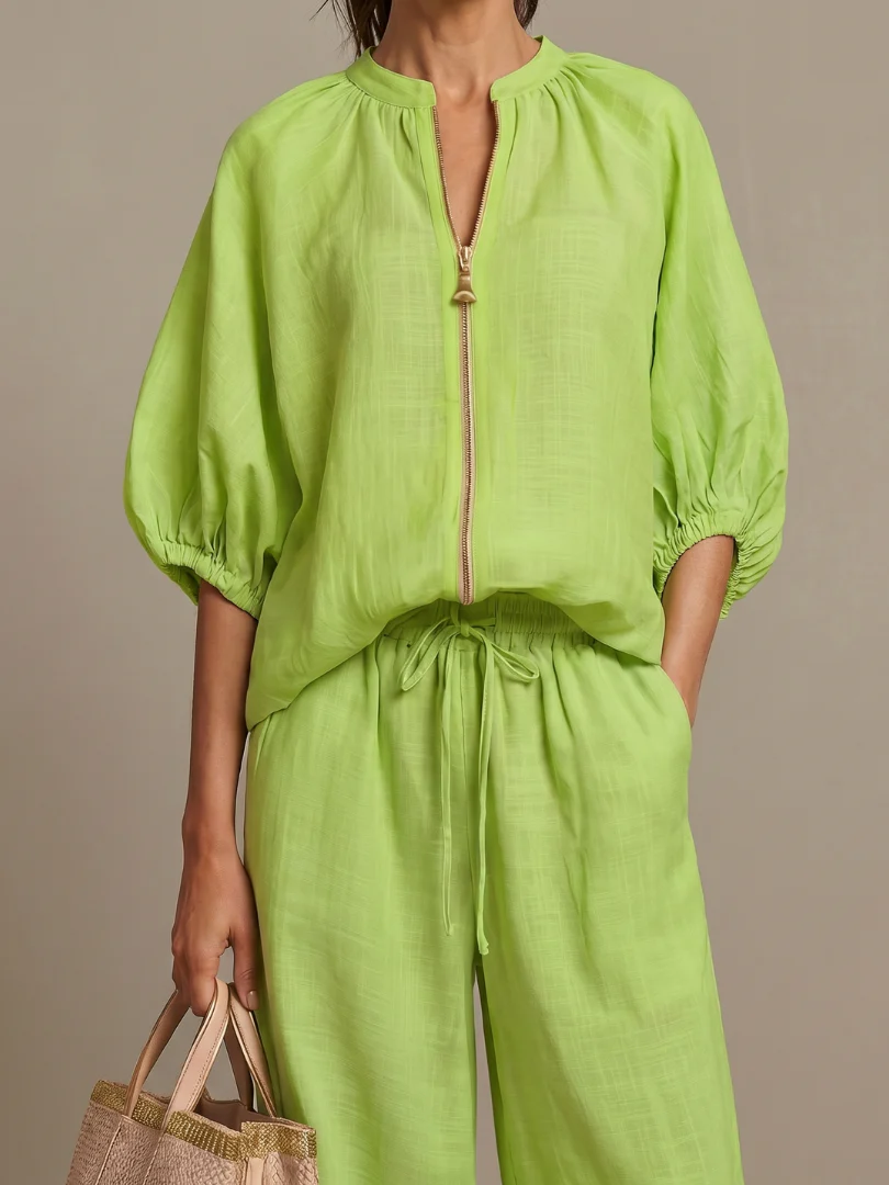 Vacation Loose-fitting Solid Color Zippered Round Neck Wide-leg Pants Suit