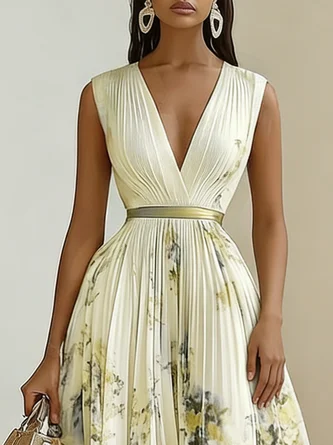 Women's Printed V-neck Sleeveless Fashion Pleated Dress