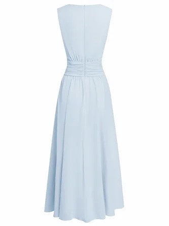 Elegant Solid Color Fitted Waist Round Neck Sleeveless Midi Dress