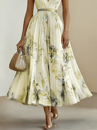 Women's Printed V-neck Sleeveless Fashion Pleated Dress