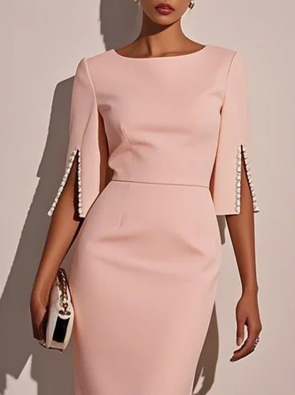 Elegant Solid Color Round Neck Midi Dress