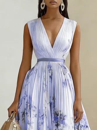 Women's Printed V-neck Sleeveless Fashion Pleated Dress