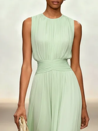 Elegant Solid Color Fitted Waist Round Neck Sleeveless Midi Dress