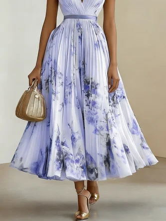 Women's Printed V-neck Sleeveless Fashion Pleated Dress