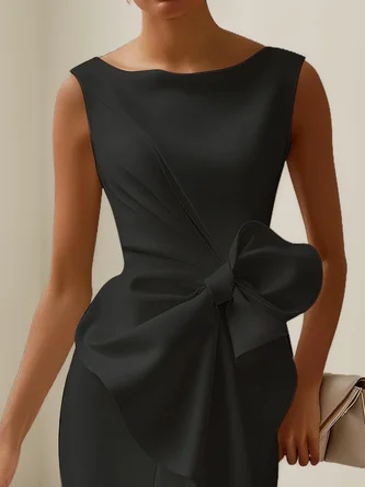 Women's Fashion Bow Sleeveless Solid Color Midi Dress