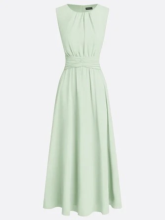 Elegant Solid Color Fitted Waist Round Neck Sleeveless Midi Dress