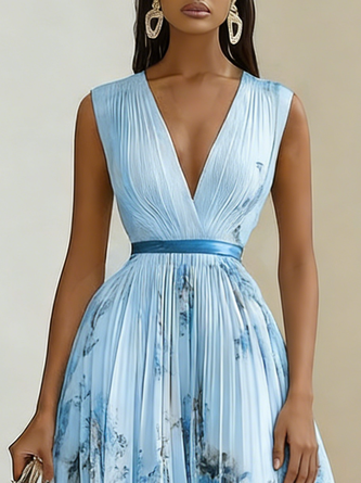 Women's Printed V-neck Sleeveless Fashion Pleated Dress