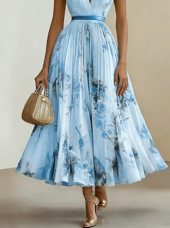 Women's Printed V-neck Sleeveless Fashion Pleated Dress