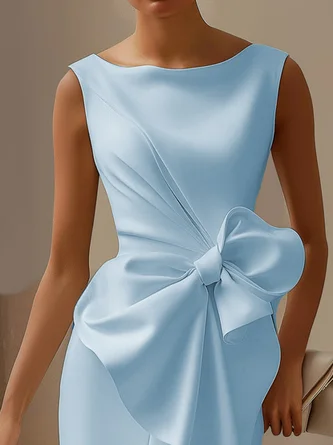 Women's Fashion Bow Sleeveless Solid Color Midi Dress